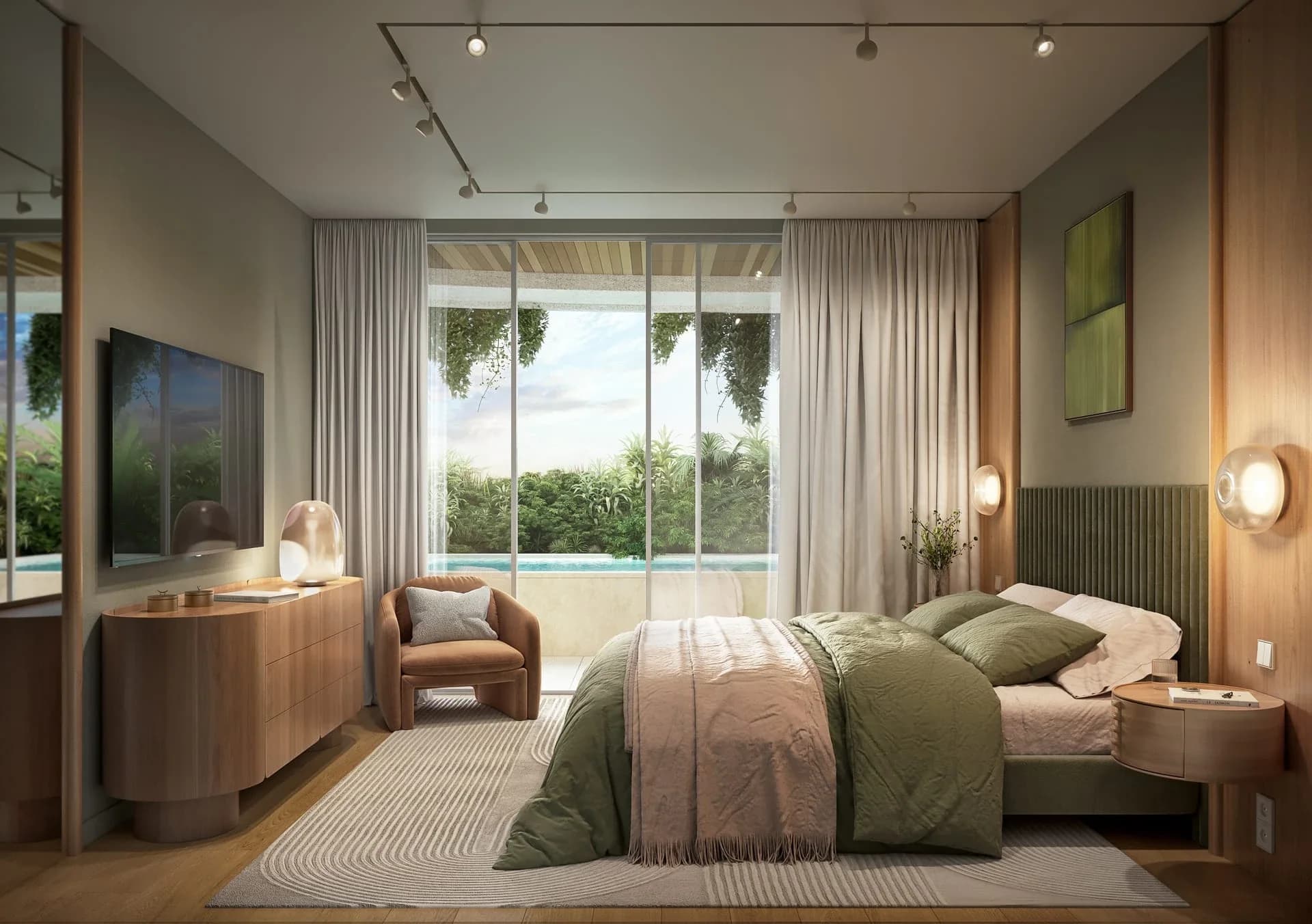 1BR living room with kitchen and terrace glazing