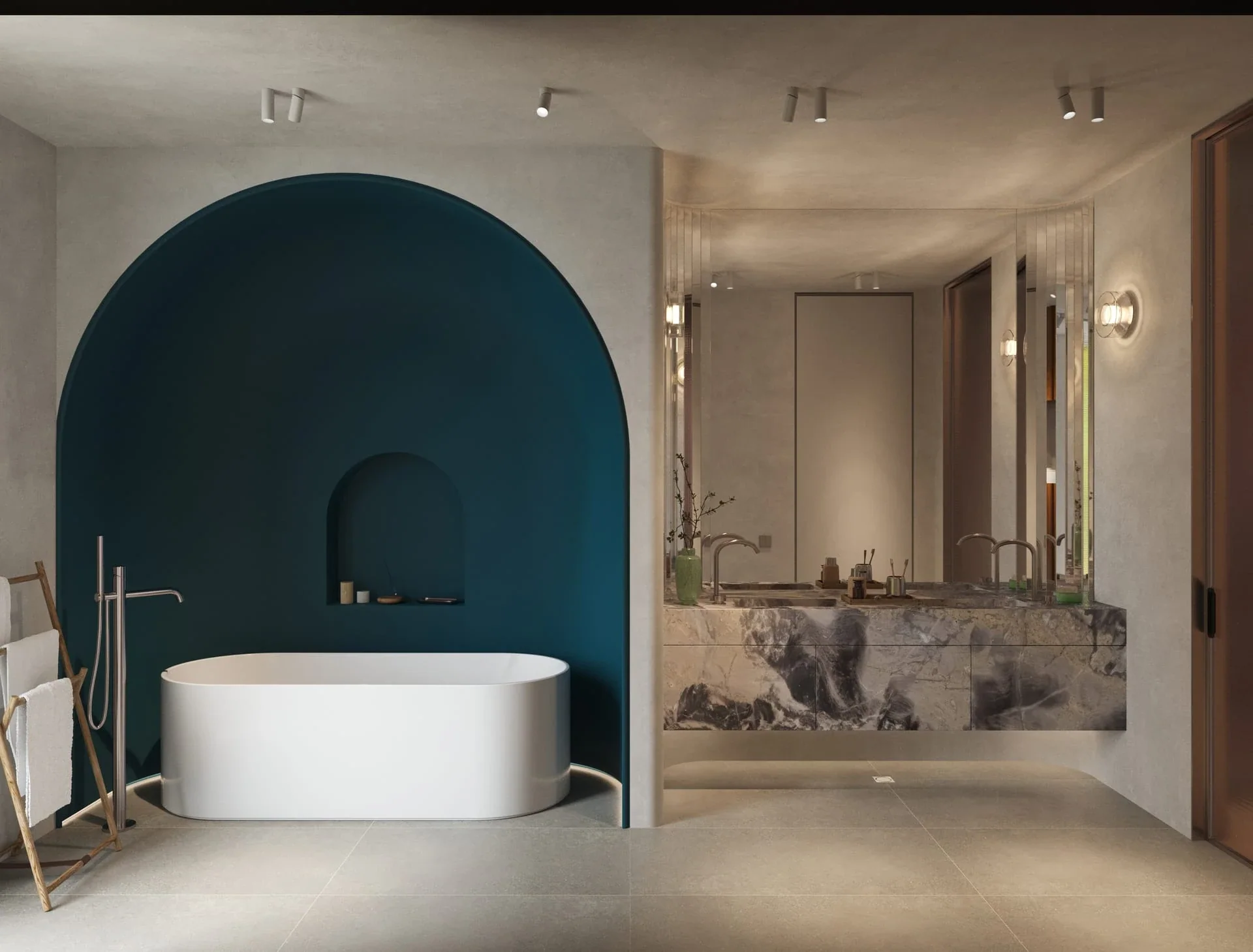 1BR bathroom with a bath and garden-facing glazing