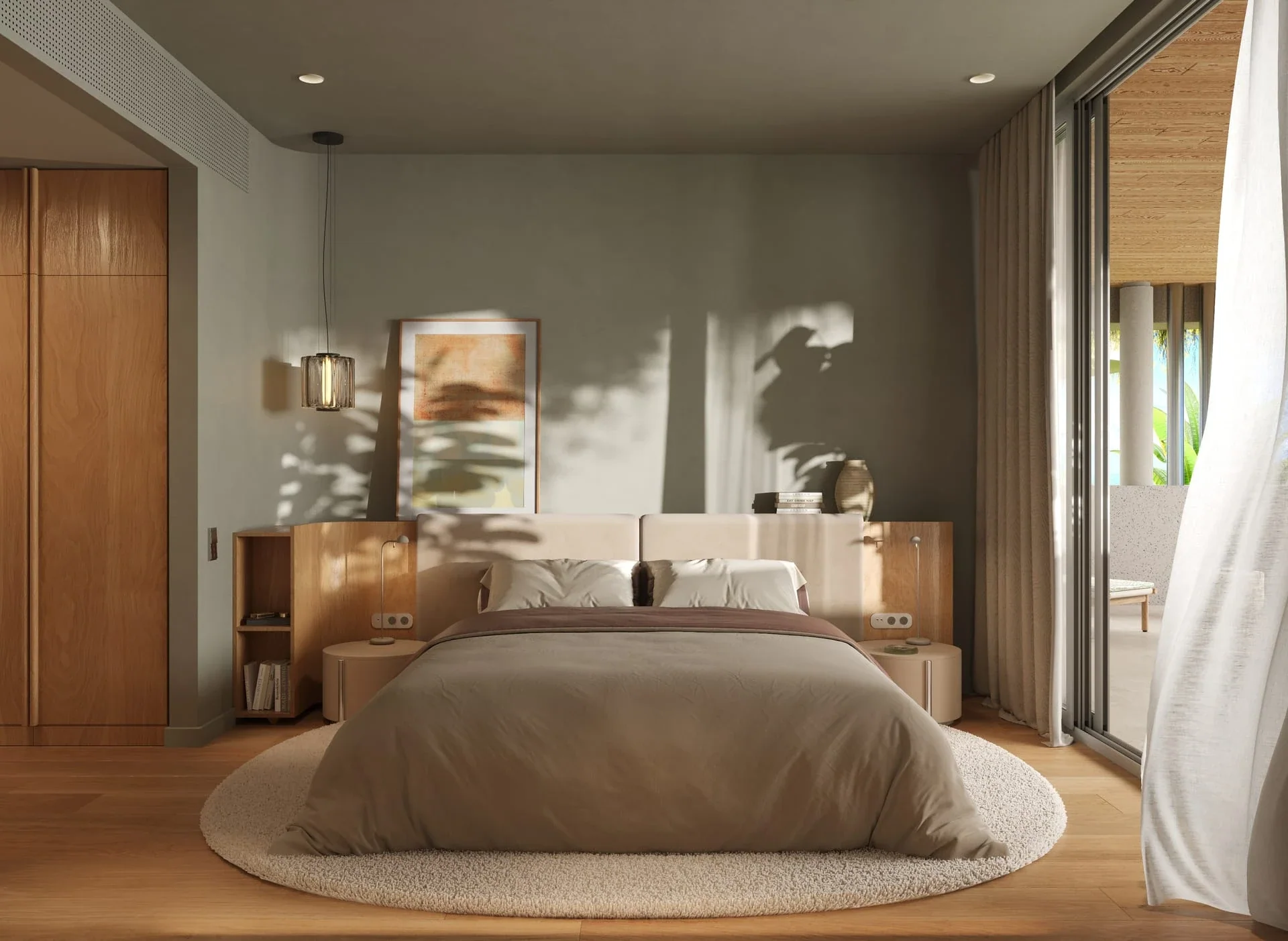 2BR bedroom with terrace glazing and warm timber cabinetry