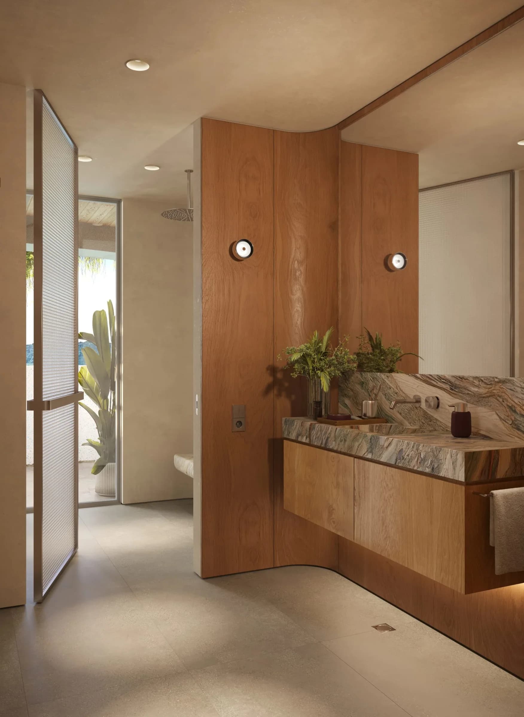 2BR bathroom vanity and mirrored storage