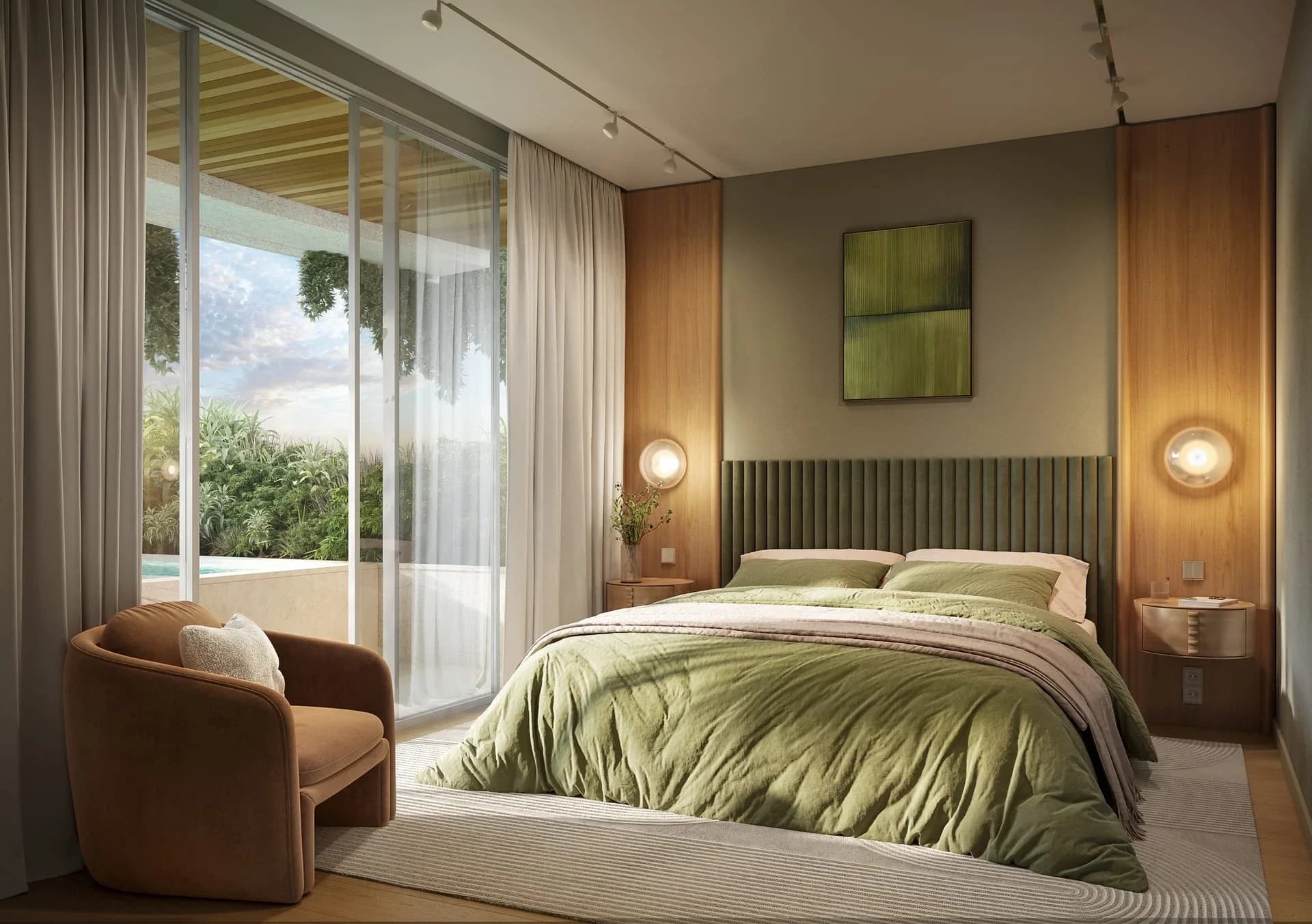 1BR bedroom opening to a planted terrace and pool edge
