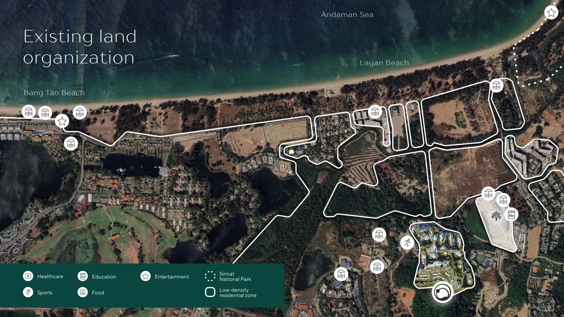 Official Layan Verde surroundings map showing the Andaman coast, Layan Beach, Bang Tao Beach and nearby roads