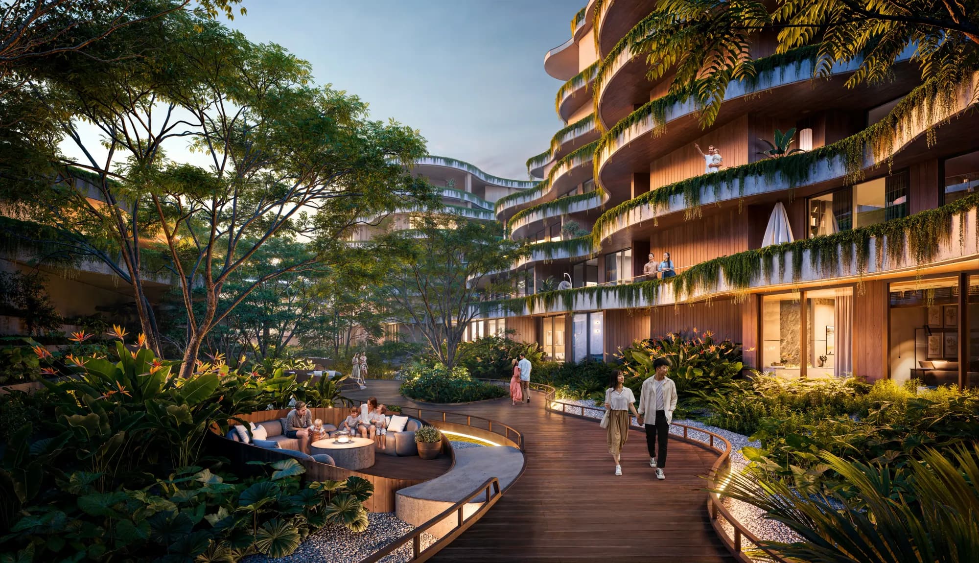 Buildings B7 to B9 framed by terraces and mature tropical planting