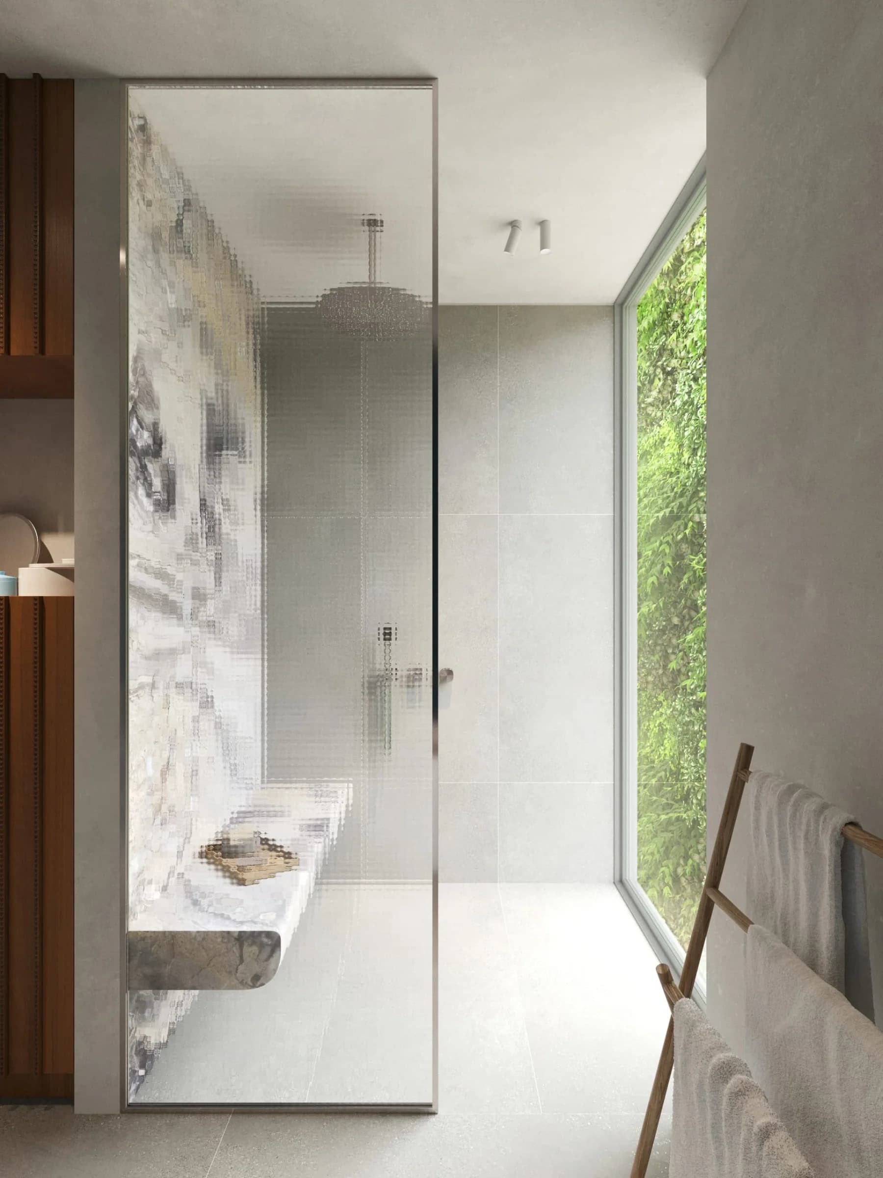 1BR bathroom shower and stone surfaces