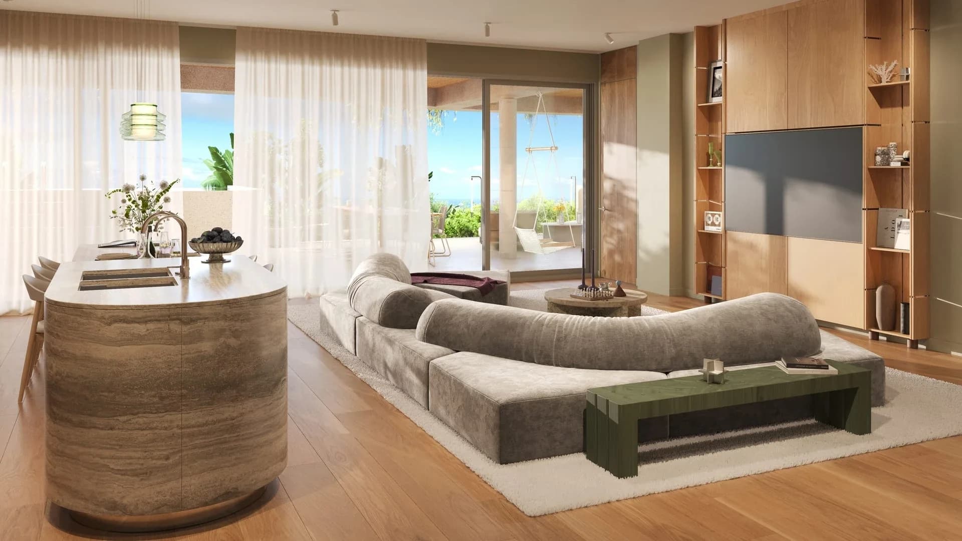 3BR living room with curved seating and terrace view