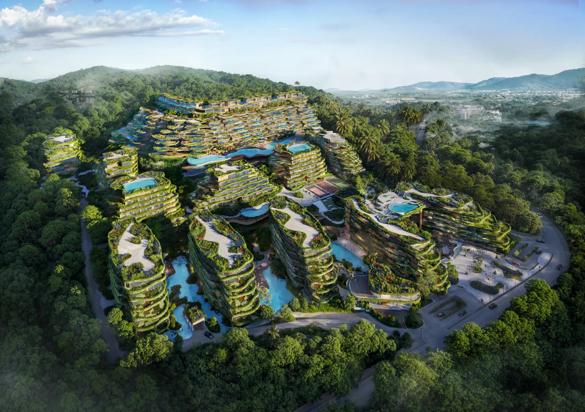 Aerial render of Layan Verde terraced across the tropical hillside